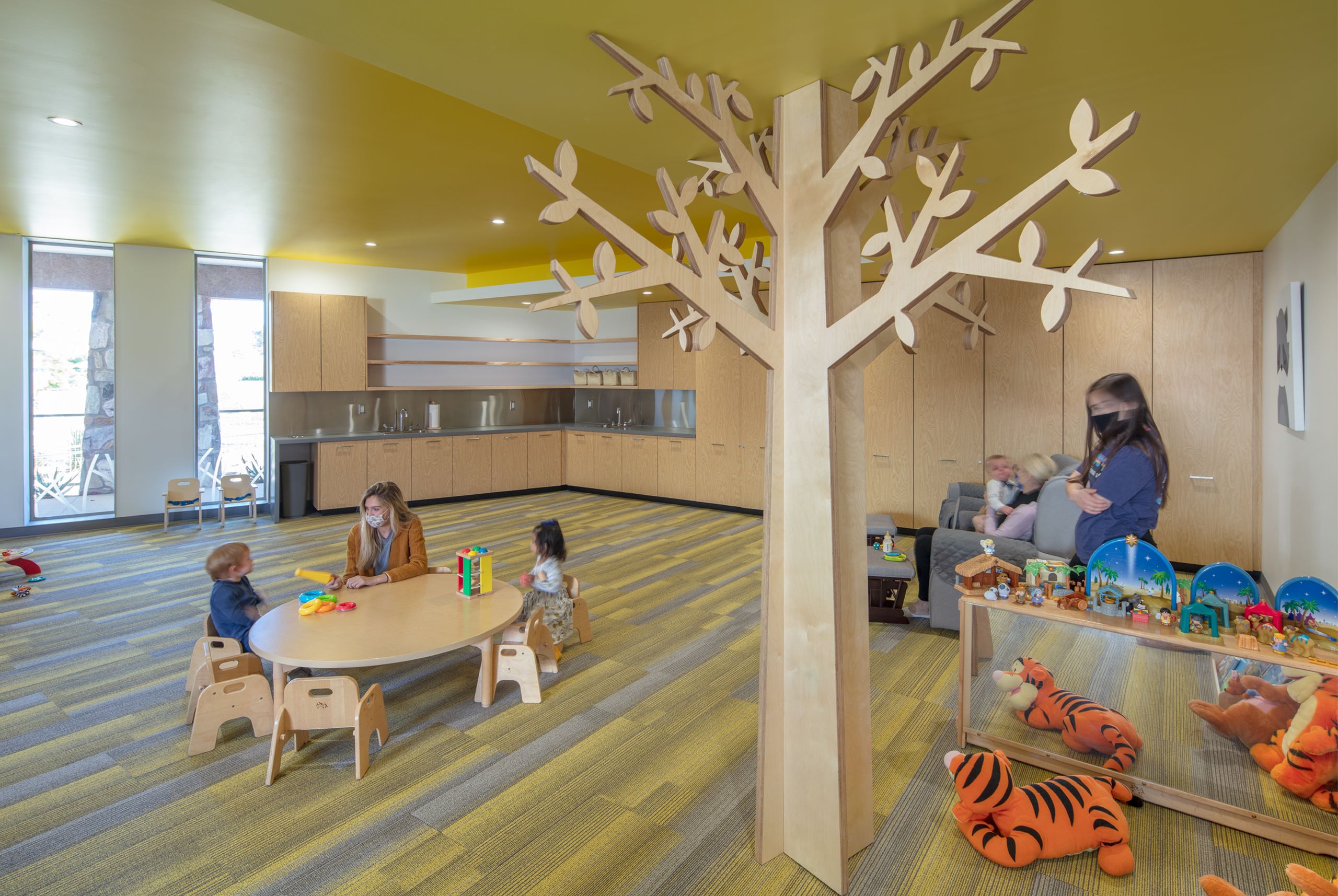 nursery, woodworking, plywood tree, yellow, colorful room