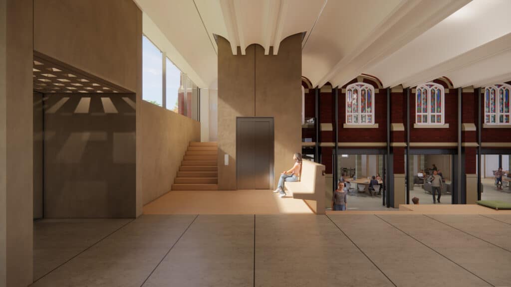 connection of previously exterior brick wall including stained glass windows on upper level, lower level with round tables and office space