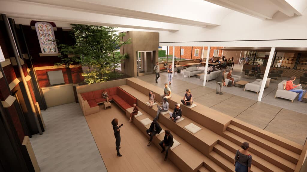 Sunken terrace with view up to expansion of Center for Faith and Life