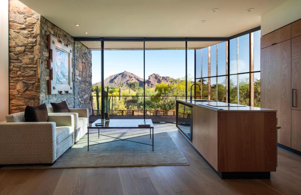 living room of Camelback Casita with view out the window of Camelback Mountain