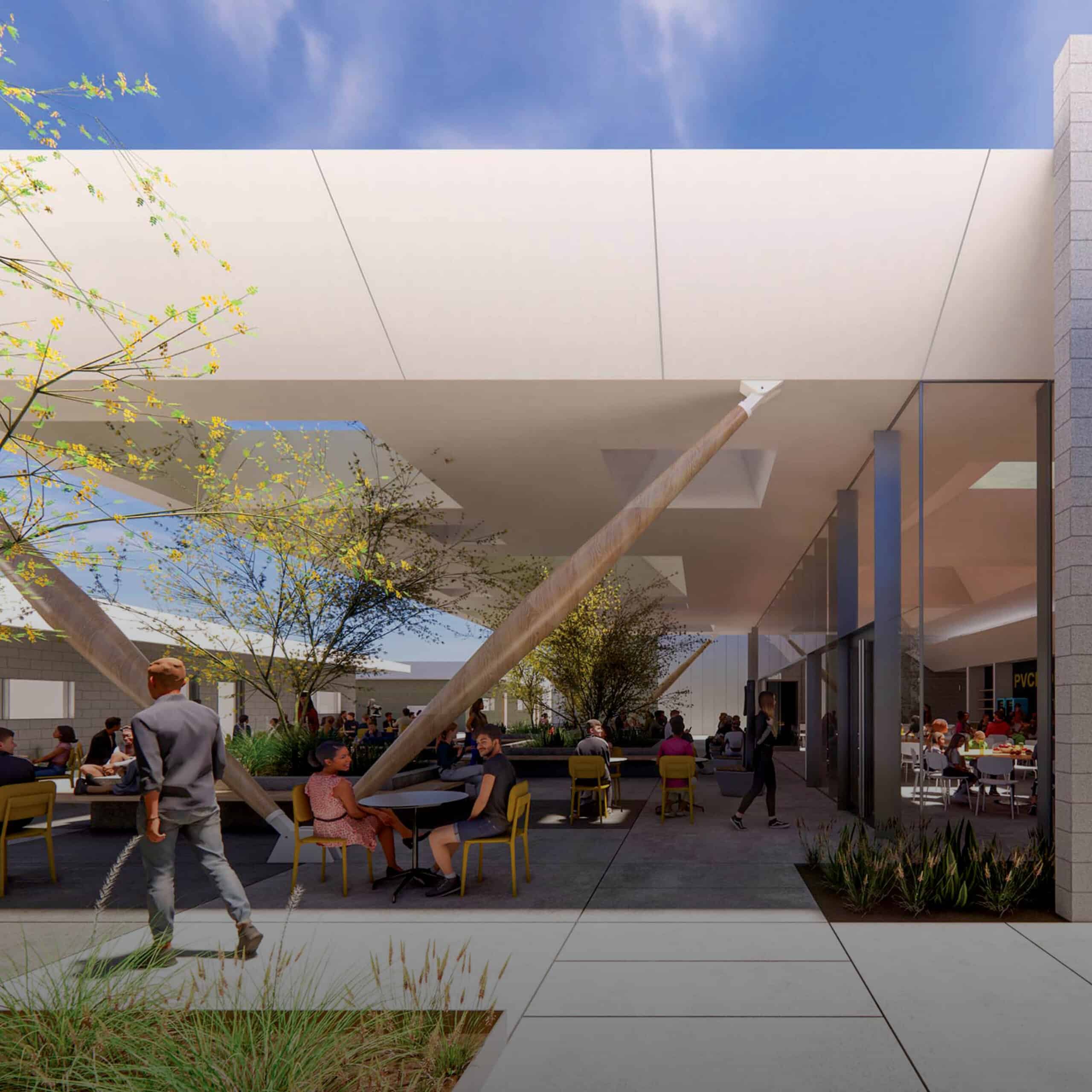 Rendering of people sitting under awning in master plan for PVCP renovation
