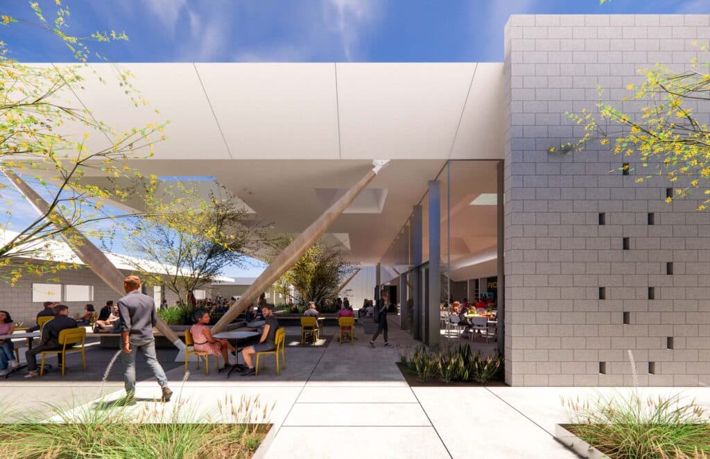 Rendering of people sitting under outdoor awning in master plan for PVCP renovation