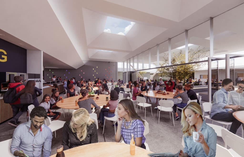 Rendering of people sitting in nicely-lit cafeteria in master plan for PVCP renovation