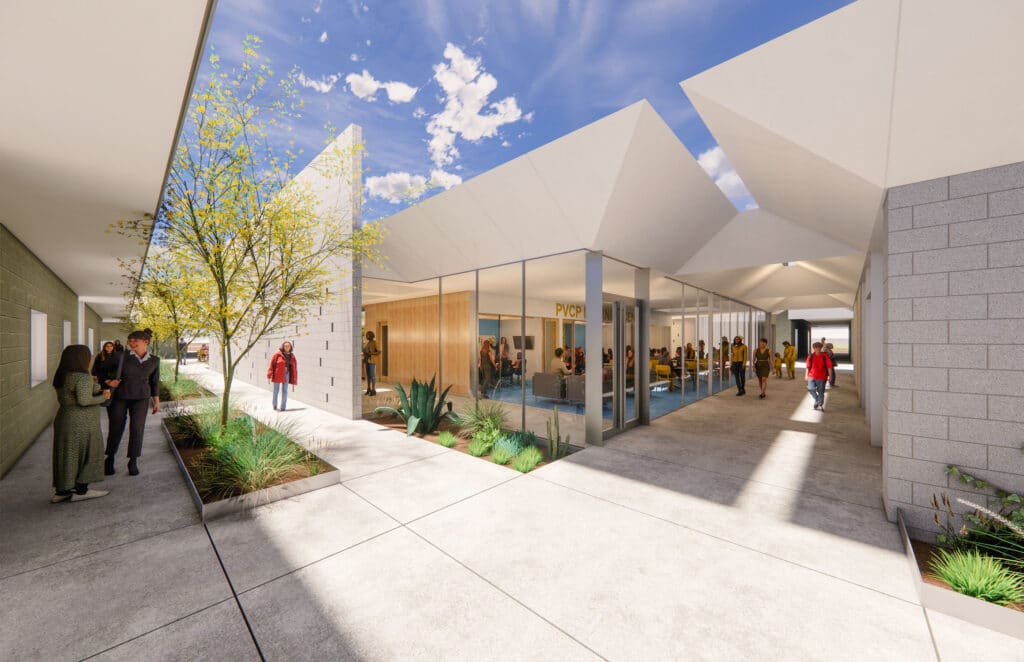 Rendering of people walking under outdoor awning in master plan for PVCP renovation