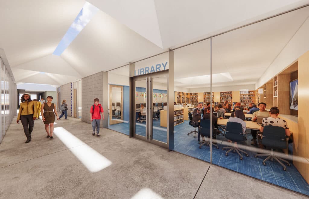 Rendering of people walking under outdoor awning in master plan for PVCP renovation