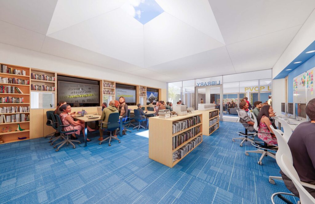rendering of learning space at PVCP with blue floor, skylight, books in a shelf