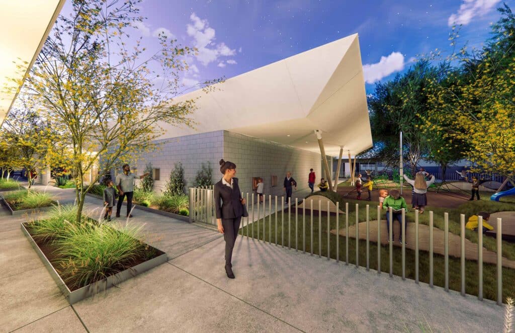 Rendering of people walking outside in master plan for PVCP renovation