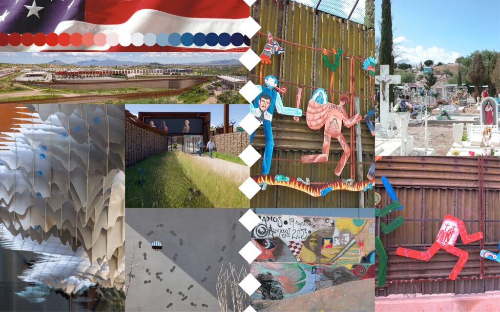 Collage of U.S.–Mexico border imagery paired with Jones Studio’s architectural work, highlighting cultural expression, infrastructure, and shared movement from the Border | PORCH exhibit.