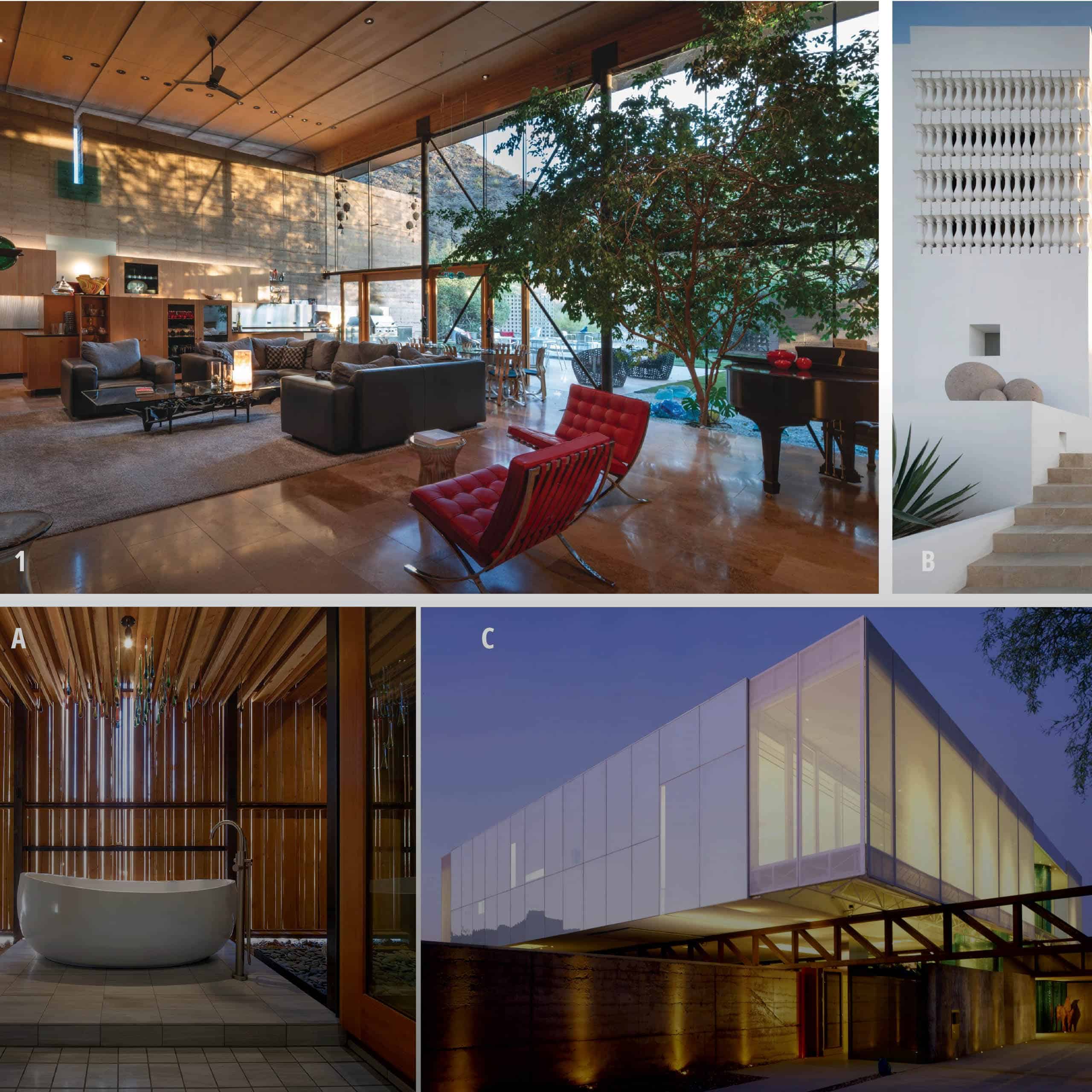 Four-photo collage from the Arizona Residential Architects matching game: a desert great room with a living tree, a white stucco tower with balustrade screen, a timber-slat bath, and a luminous glass residence on rammed earth walls, by Eddie Jones, FAIA, Jones Studio, Tempe AZ.